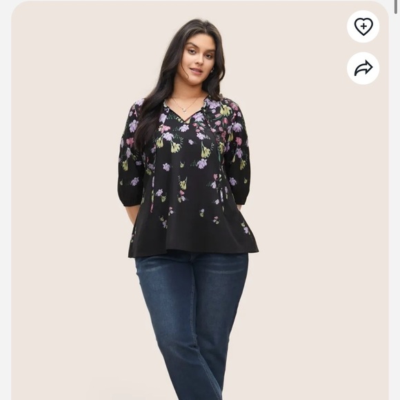 BloomChic Plus Size Boho Print Tie Neck Frill Trim Blouse - Picture 5 of 6